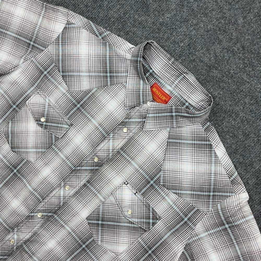 Rustler Mens Western Pearl Snap Shirt XXL Gray Plaid Short Sleeve Workwear